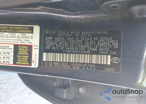 2014 Toyota Avalon Xle из США, поврежденный, VIN 4T1BK1EB5EU103428